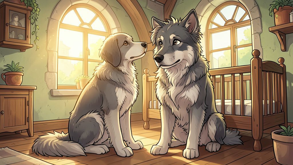 Eine kindgerechte Illustration des Hundes Gelert, der wachsam und freundlich neben einer hölzernen Babywiege in einer gemütlichen Burgstube sitzt.