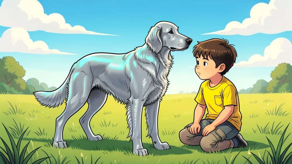 Ein silbergrauer Weimaraner Hund steht auf einer sonnigen Wiese und sein Fell schimmert leicht bläulich.