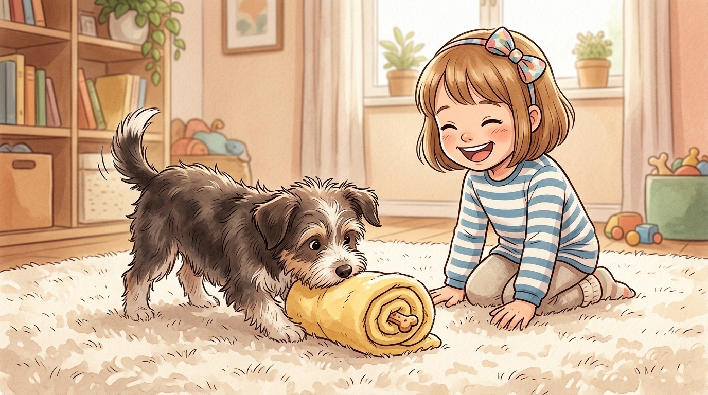 Ein glückliches Kind und ein Hund spielen das Suchspiel Die Handtuch-Rolle in einem gemütlichen Wohnzimmer.