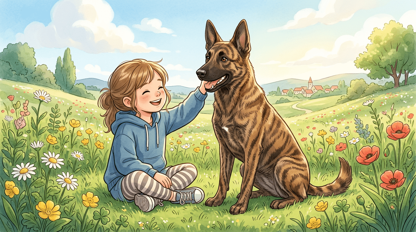 Ein fröhlicher, gestromter Holländischer Schäferhund sitzt neben einem lachenden Kind auf einer sonnigen Wiese.