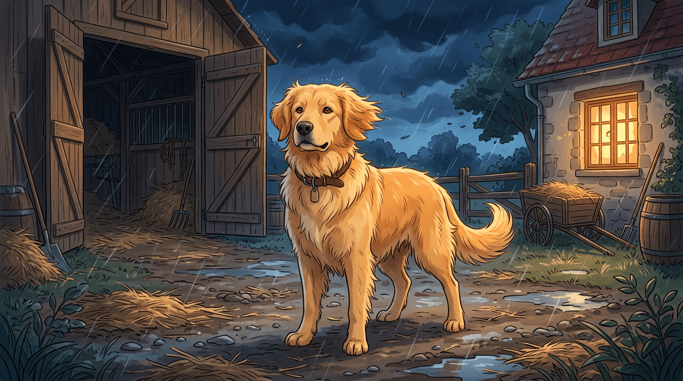 Ein wachsamer Hovawart mit goldenem Fell steht in einer stürmischen Nacht vor einem offenen Scheunentor auf einem Bauernhof.