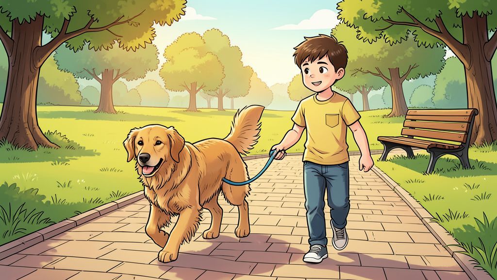 Ein Kind geht mit einem Golden Retriever an einer blauen Leine in einem Park spazieren.