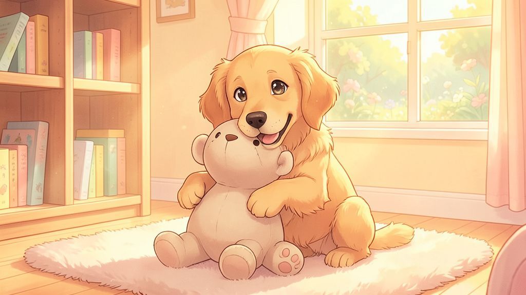 Ein glücklicher Golden Retriever sitzt im Kinderzimmer und hält ein blaues Stofftier fest.