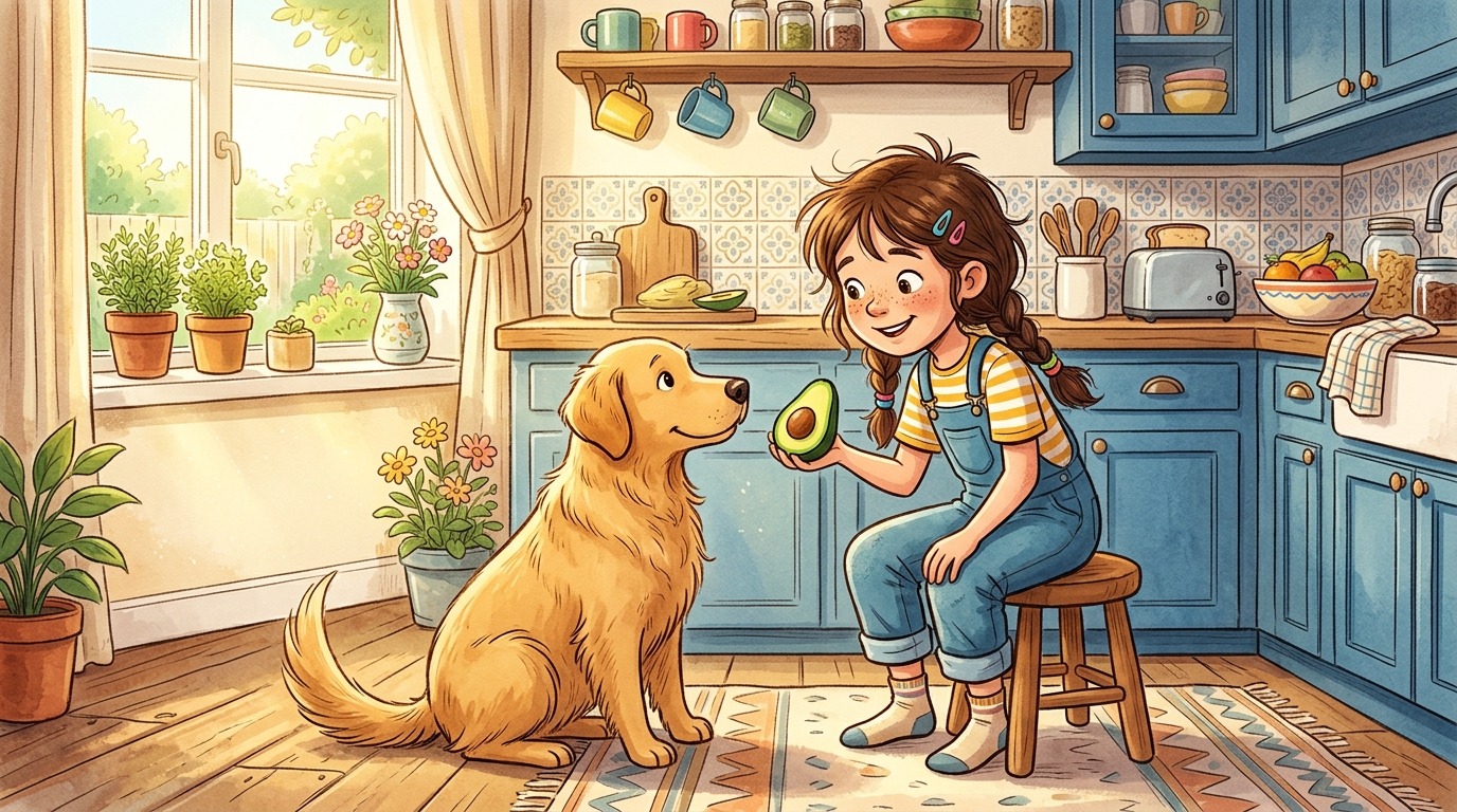 Ein Kind und ein Golden Retriever in einer hellen Küche schauen sich eine Avocado kritisch an.