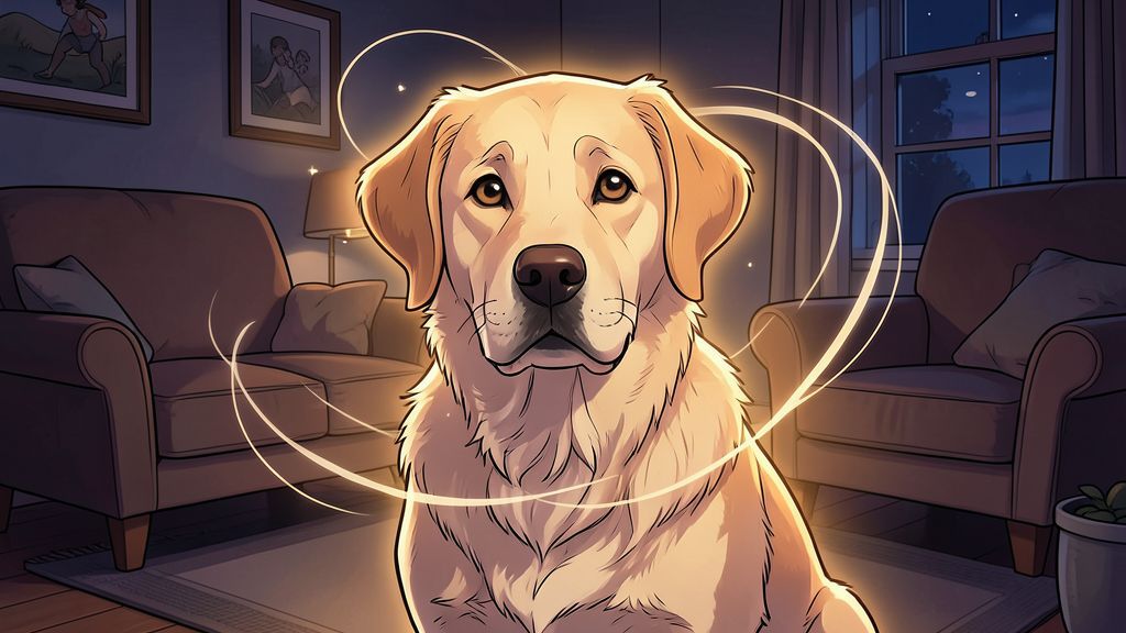 Ein freundlicher Hund im dunklen Wohnzimmer, dessen Barthaare sanft leuchten und Luftströmungen anzeigen.