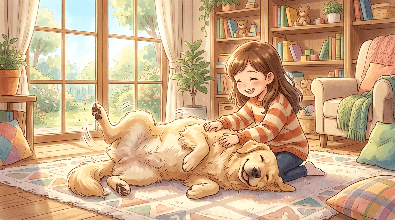 Ein glücklicher Golden Retriever liegt auf dem Rücken und ein Kind krault ihm den Bauch, während ein Hinterbein zappelt.