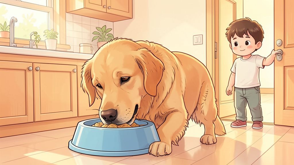 Ein Kind beobachtet aus einiger Entfernung lächelnd einen Golden Retriever, der in einer gemütlichen Küche entspannt aus seinem Napf frisst.