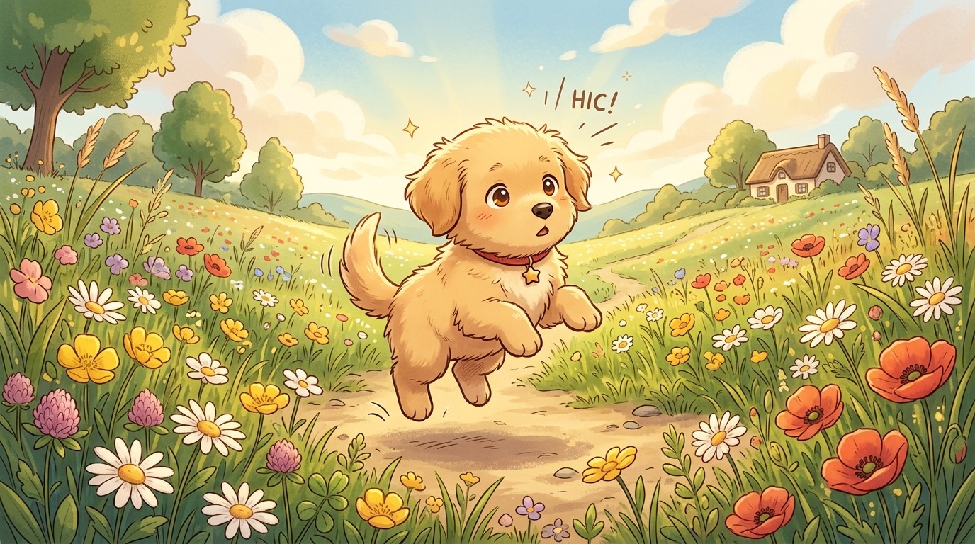 Eine niedliche Kinderbuch-Illustration eines flauschigen Welpen, der mit überraschtem Gesichtsausdruck Schluckauf hat.