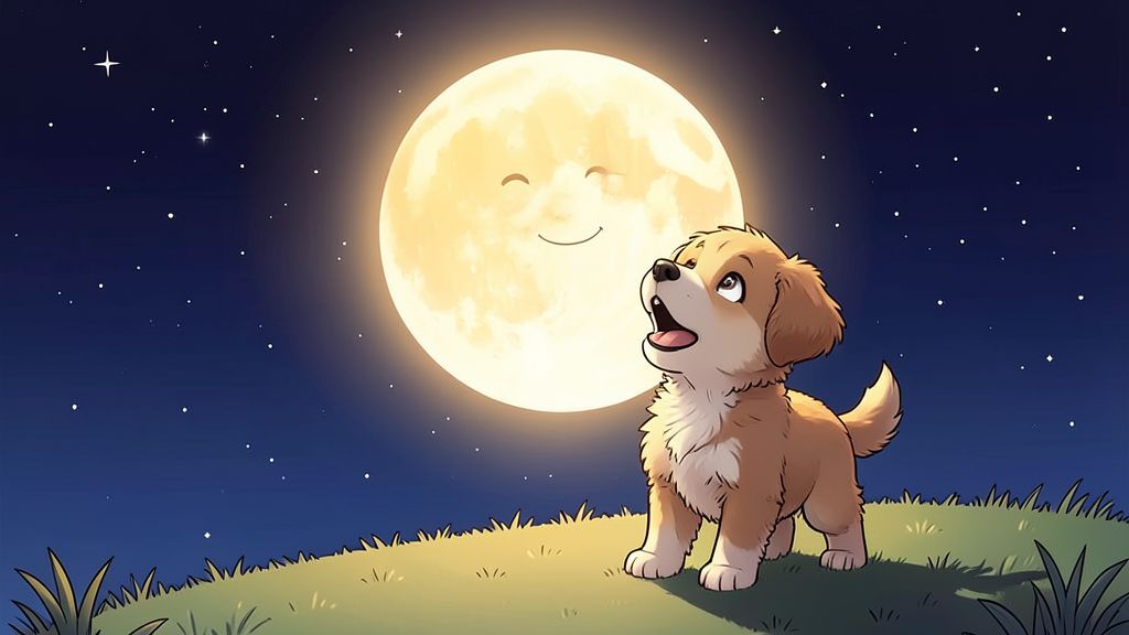 Ein kleiner, wuscheliger Hund bellt auf einer Wiese den großen, leuchtenden Vollmond an, der ruhig am Nachthimmel steht.