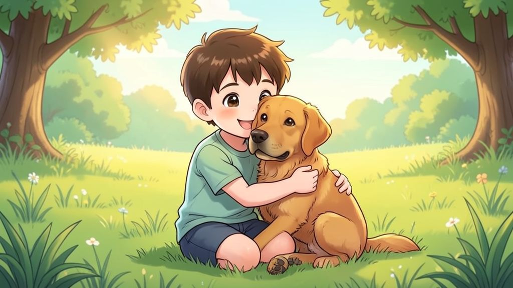 Eine Illustration eines lächelnden Kindes, das einen braunen Hund auf einer grünen Wiese liebevoll umarmt.