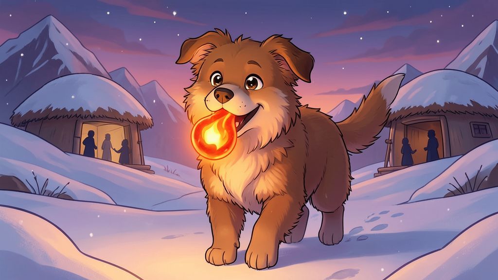 Ein tapferer Hund mit einer glühenden Kohle im Maul läuft durch eine verschneite Nacht zu einer kleinen Menschengruppe.