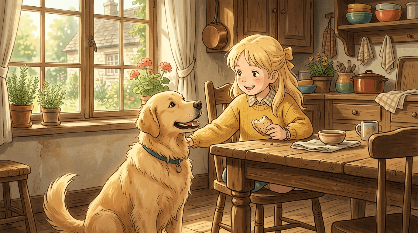 Ein glückliches Kind teilt am Frühstückstisch ein kleines Stück trockenes Brot mit einem Golden Retriever.