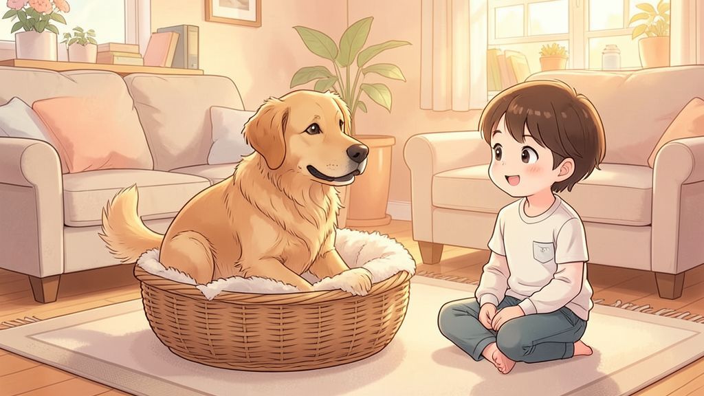 Ein Hund dreht sich in seinem weichen Hundekörbchen im Kreis, während ein Kind ihm lächelnd dabei zuschaut.