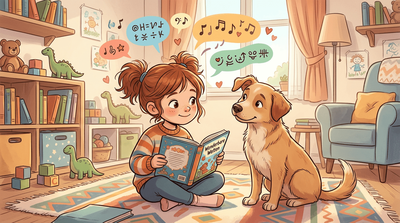 Ein neugieriger Hund neigt den Kopf, während ein Kind ihm in einer fremden Sprache vorliest.