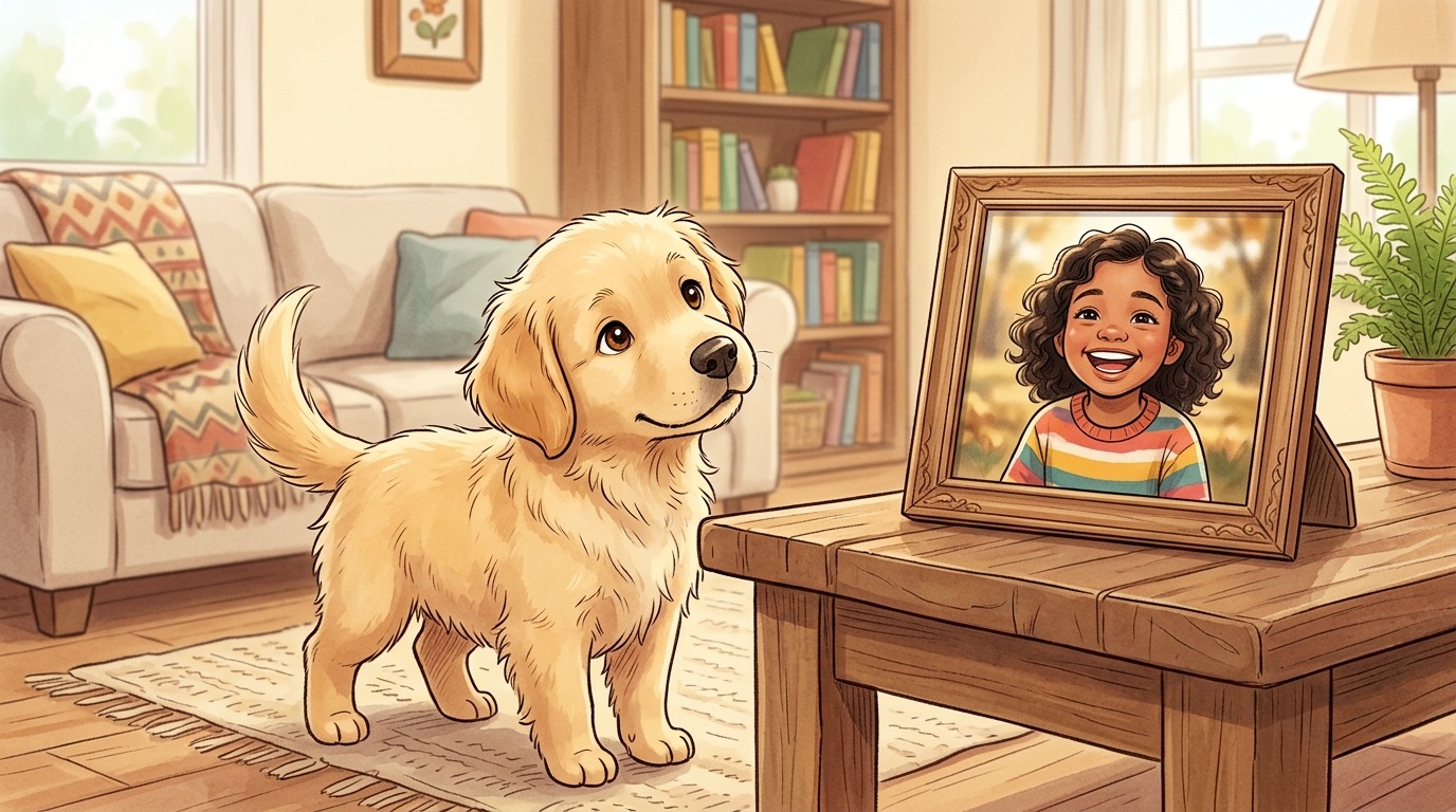 Ein aufgeweckter Hund schaut interessiert auf ein Foto, das ein lachendes Gesicht zeigt.