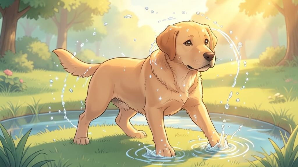 Ein glücklicher Labrador schüttelt sich trocken, während Wassertropfen wie Perlen von seinem glänzenden Fell abfliegen.