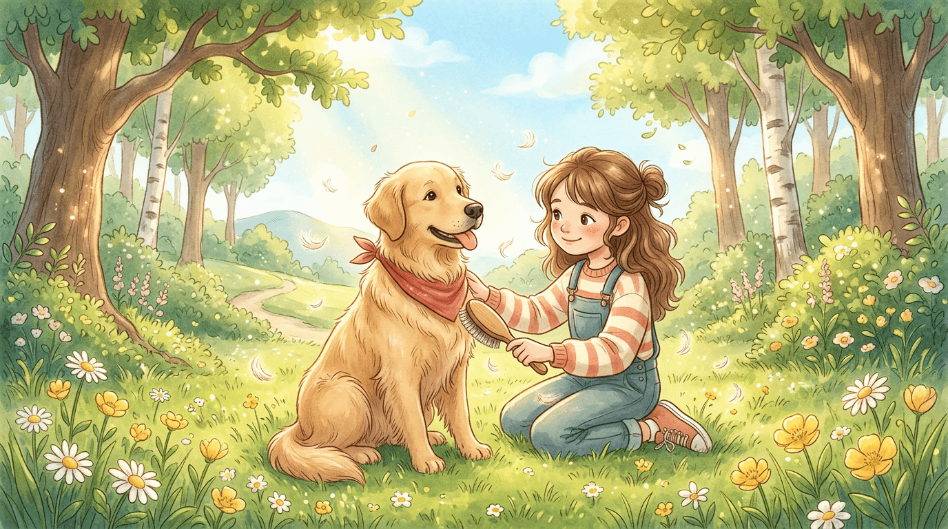 Ein glückliches Kind bürstet einen Golden Retriever im sonnigen Garten während des Fellwechsels.