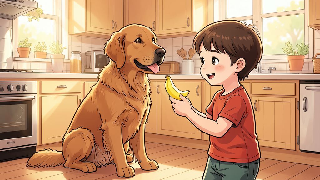 Ein Kind fuettert einem freundlichen Golden Retriever in einer hellen Kueche ein kleines Stueck Banane.