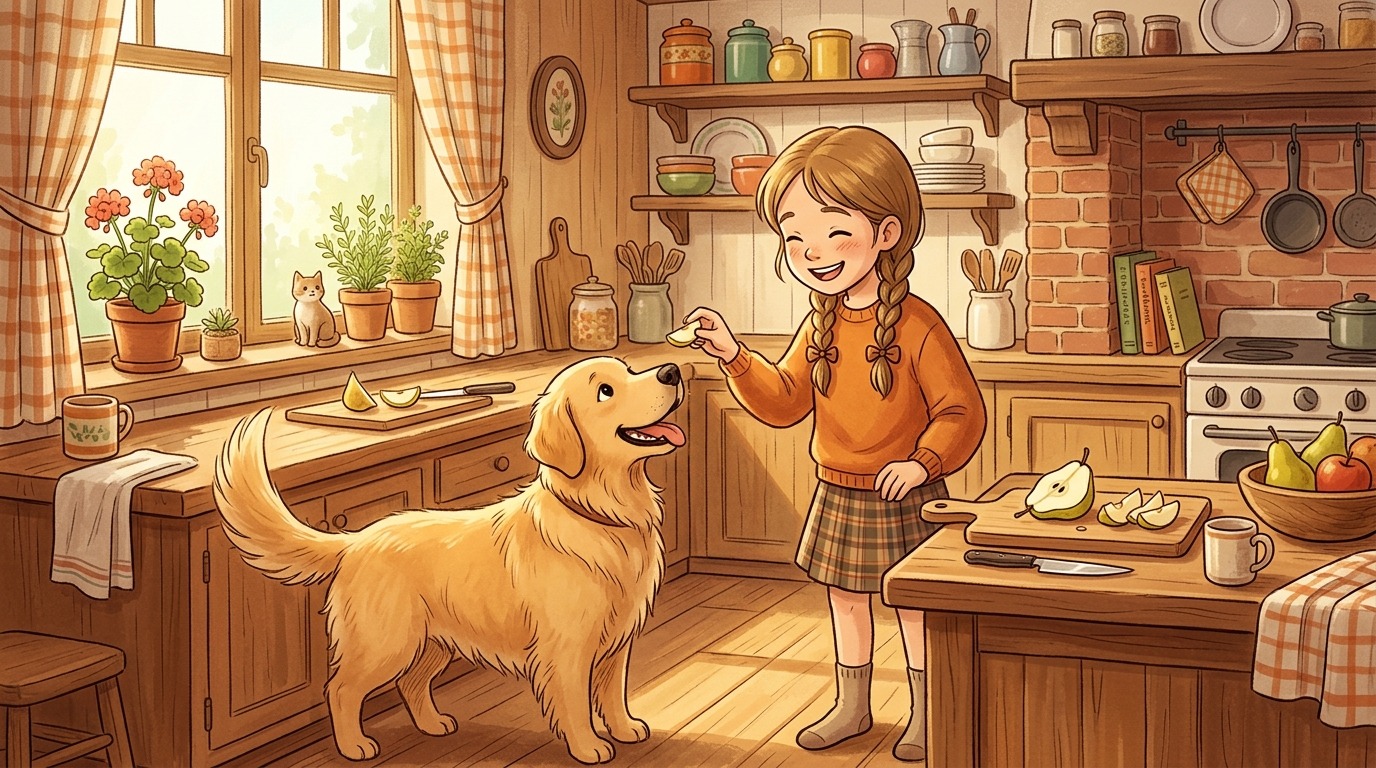 Ein glückliches Kind teilt in einer hellen Küche ein Stück Birne mit einem freundlichen Golden Retriever.