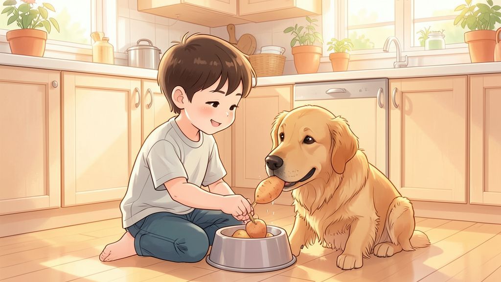 Ein Kind gibt seinem Golden Retriever ein Stück gekochte Kartoffel in der Küche