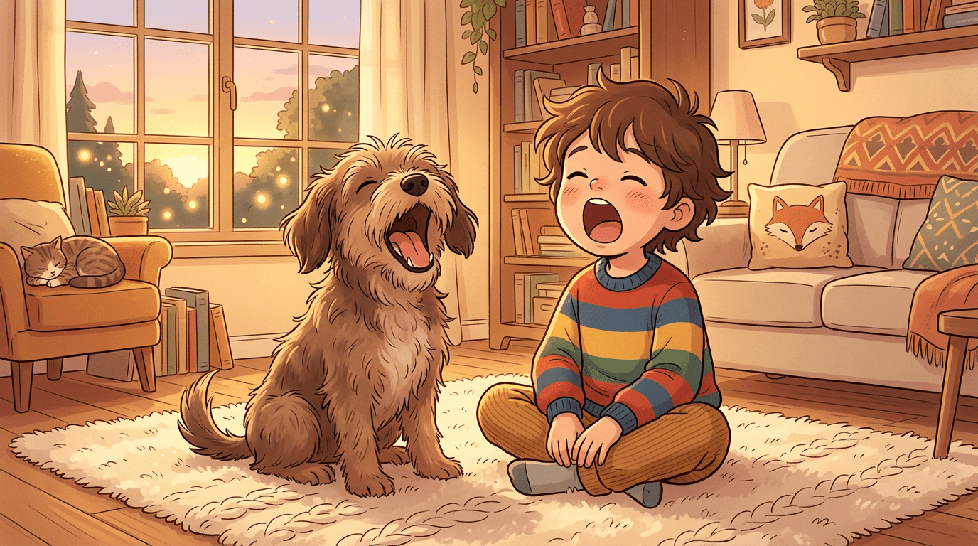 Ein glückliches Kind und ein Hund sitzen nebeneinander und gähnen gleichzeitig herzhaft.