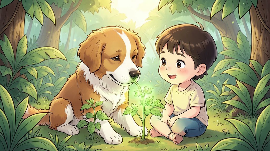 Ein fröhlicher Hund schnüffelt im Dschungel an Heilkräutern, während ein Kind staunend zuschaut.