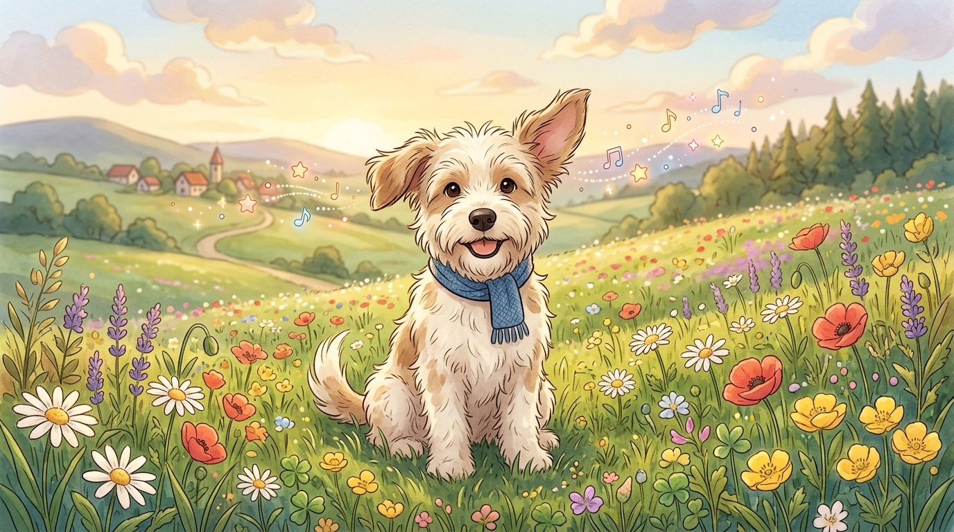 Illustration eines aufmerksamen Hundes auf einer Wiese, der seine Ohren in verschiedene Richtungen dreht, um Geräusche zu orten.