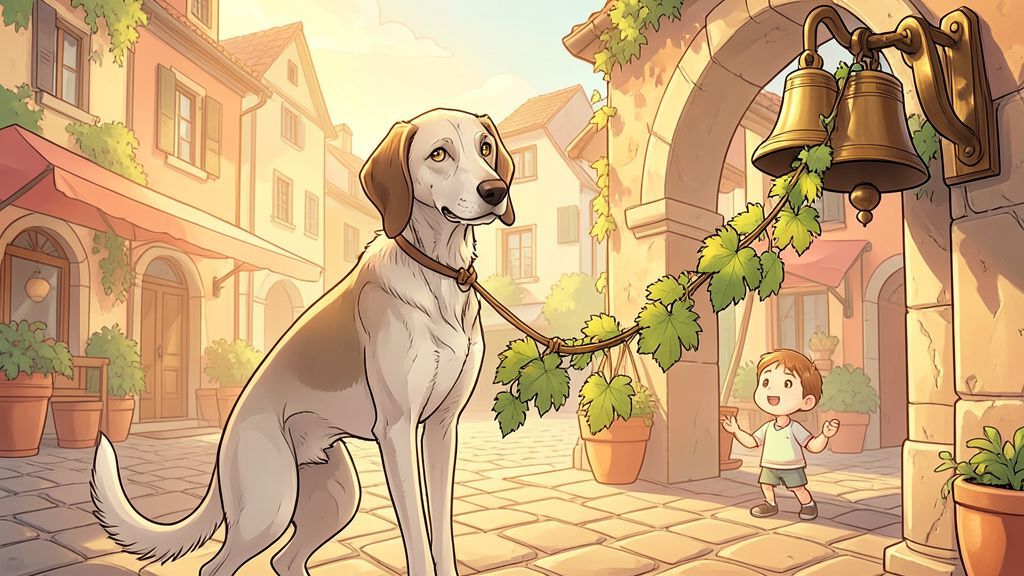 Ein freundlicher, alter Jagdhund knabbert an einem grünen Weinreben-Seil, das mit einer großen goldenen Glocke auf einem Marktplatz verbunden ist.
