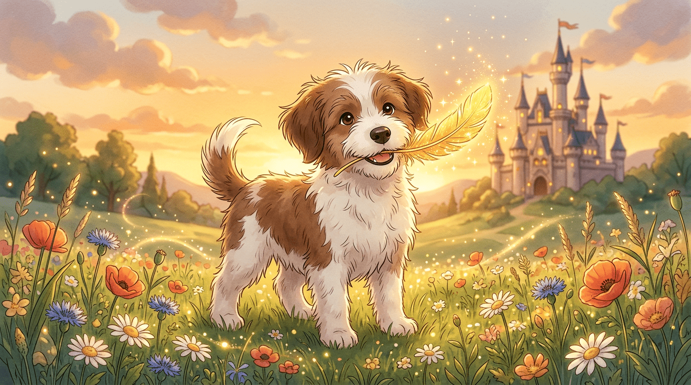 Ein freundlicher, wuscheliger Hund hält eine leuchtende goldene Feder im Maul vor einem Schloss.