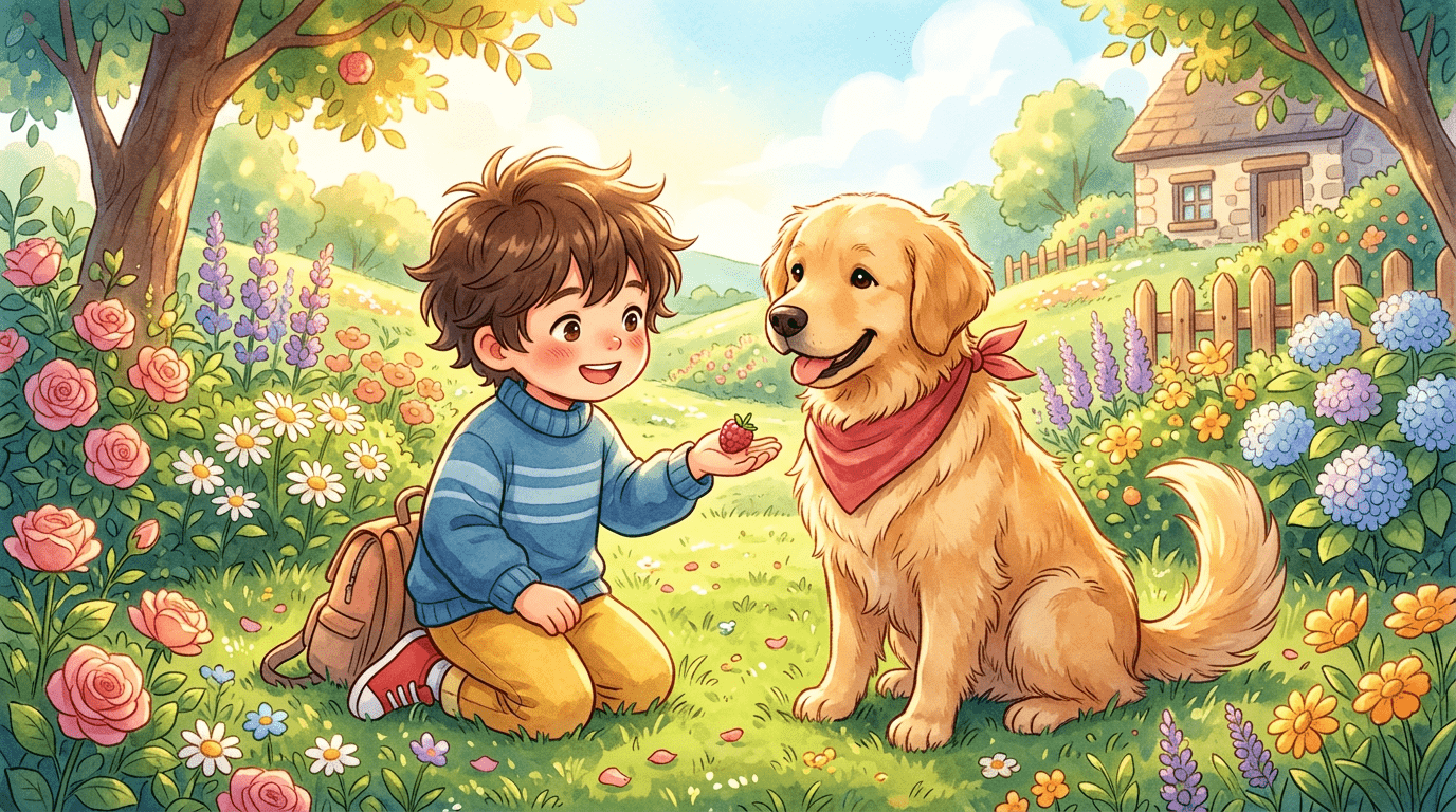 Ein Kind füttert einem Golden Retriever vorsichtig eine Himbeere in einem sonnigen Garten.