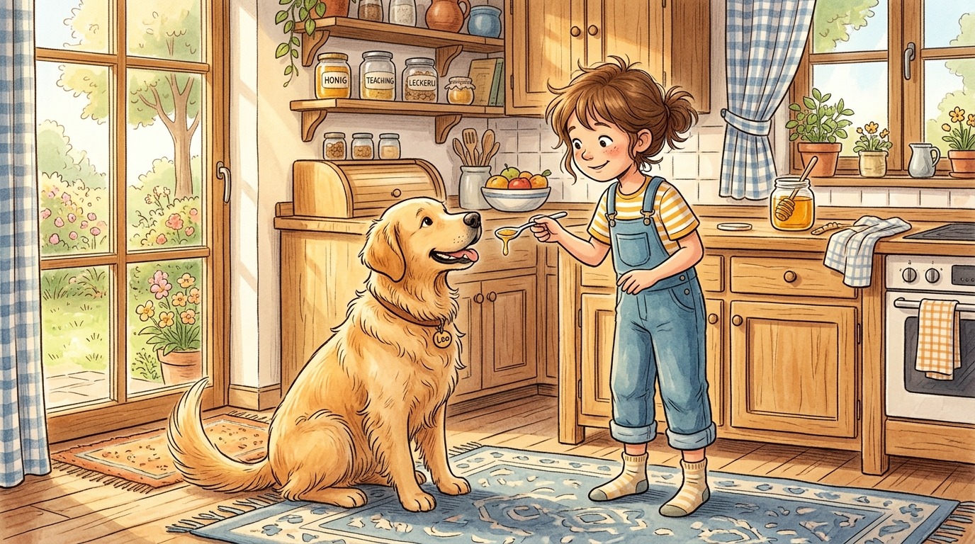 Ein glücklicher Golden Retriever sitzt neben einem Kind in einer hellen Küche und wartet auf ein besonderes Leckerli.