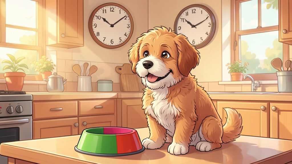 Ein freundlicher Hund sitzt pünktlich und erwartungsvoll vor seinem Futternapf in einer gemütlichen Küche.