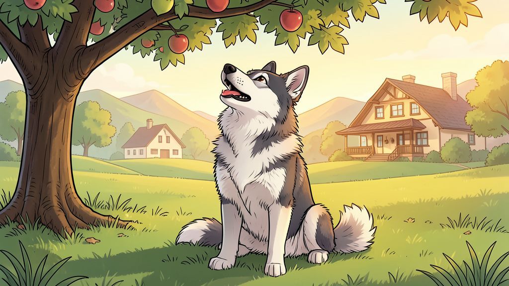 Ein flauschiger Hund sitzt auf einer Wiese und jault mit erhobener Schnauze zum Himmel.