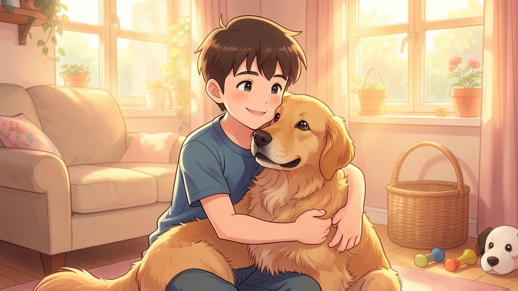 Ein glücklicher Junge mit braunen Haaren kniet auf einem Teppich und umarmt sanft seinen Golden Retriever in einem sonnendurchfluteten Kinderzimmer.