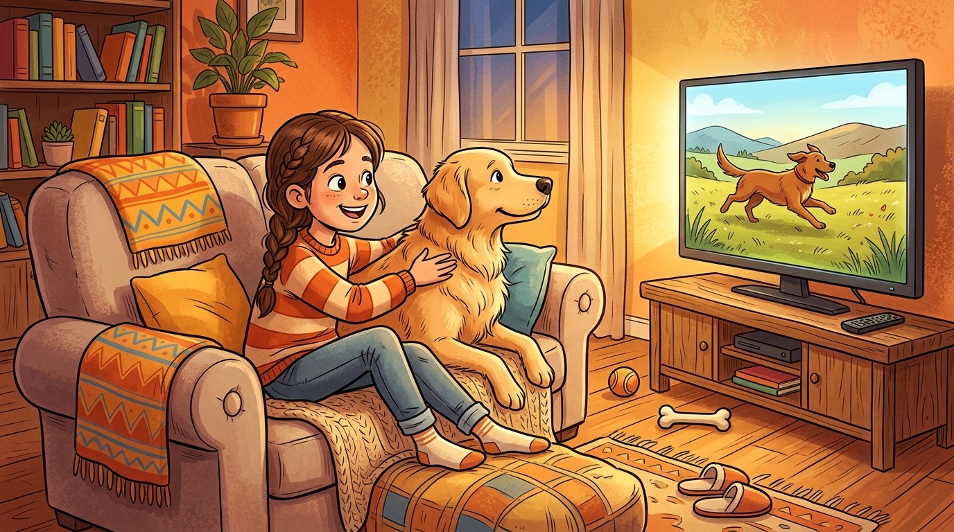 Ein Kind und ein goldener Hund sitzen gemütlich auf dem Sofa und schauen zusammen auf einen hellen Fernsehbildschirm.