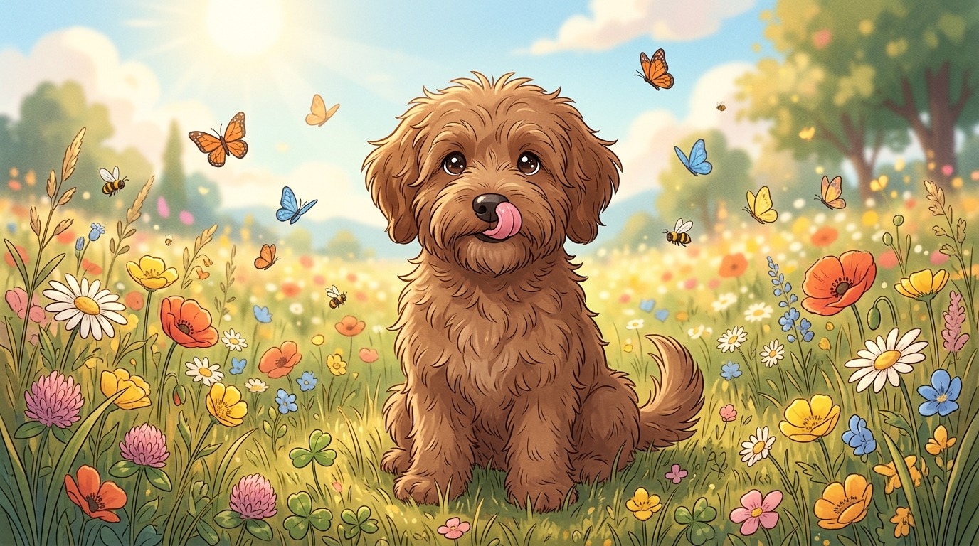 Ein freundlicher, brauner Hund sitzt auf einer bunten Blumenwiese und leckt sich sanft über die Schnauze.