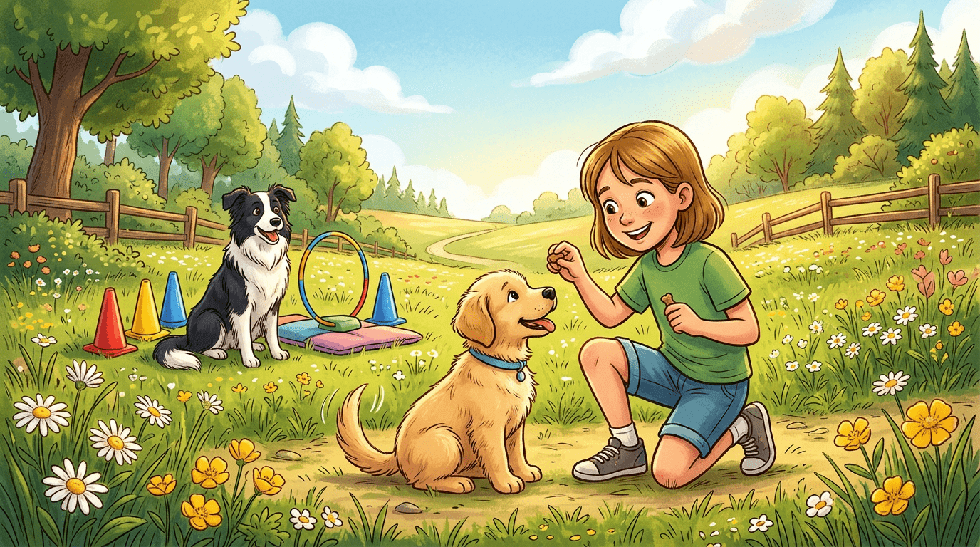 Ein Kind übt spielerisch mit einem jungen Hund auf einer sonnigen Wiese in der Hundeschule.