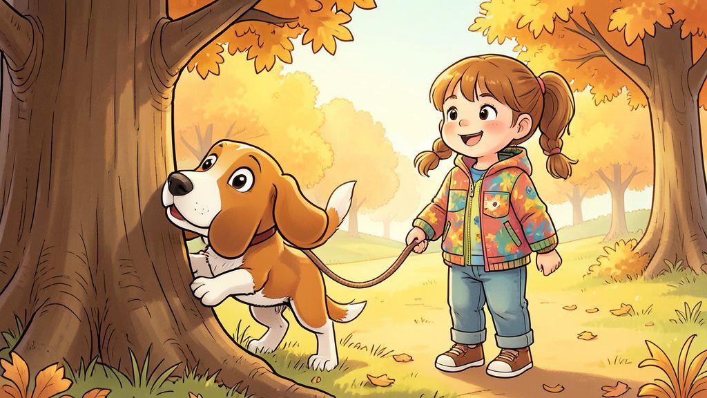 Ein neugieriger Beagle schnüffelt an einem dicken Baumstamm in einem sonnigen Park.