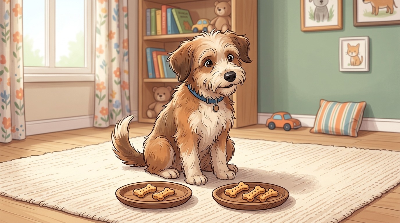 Ein neugieriger Hund schaut auf zwei Gruppen von Hundekeksen und scheint sie zu zählen.