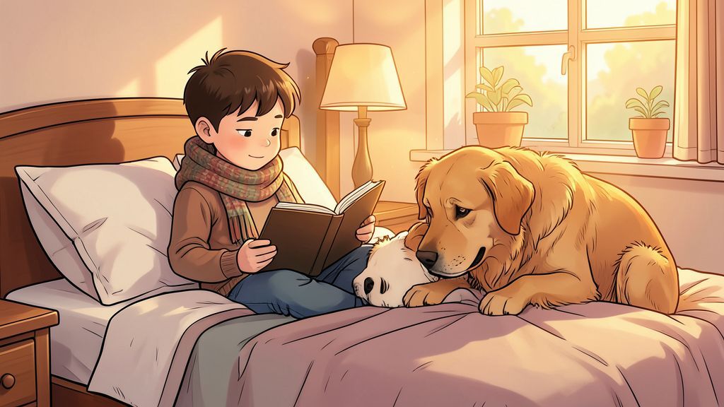 Ein Kind mit einem Schal sitzt im Bett und ein Golden Retriever schaut freundlich zur Bettkante hoch.