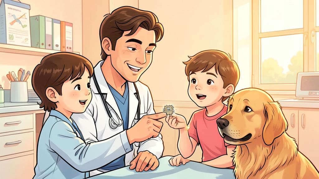 Ein freundlicher Tierarzt zeigt einem Kind und einem Hund einen winzigen Mikrochip auf seinem Finger.