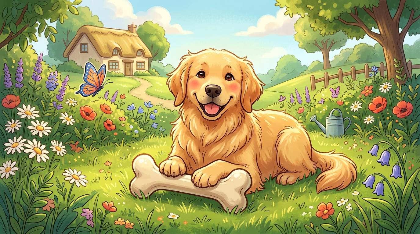 Ein glücklicher, flauschiger Hund liegt im Garten und hält einen großen Knochen fest mit seinen Pfoten umschlungen.