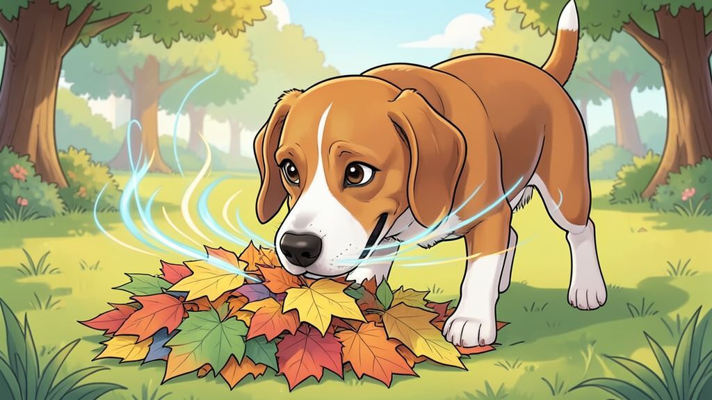 Illustration eines fröhlichen Hundes, der im Park schnüffelt, mit angedeuteten Luftströmen an der Nase.