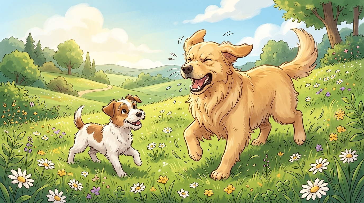 Ein flauschiger Hund niest spielerisch, während er mit einem anderen Hund auf einer bunten Blumenwiese tollt.