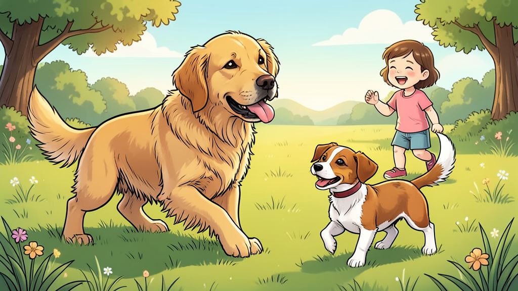 Ein Golden Retriever und ein kleiner Hund spielen auf einer Wiese und niesen spielerisch.
