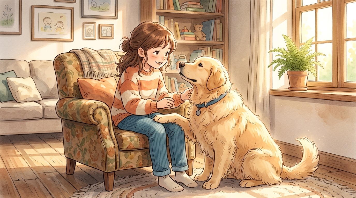 Ein freundlicher Golden Retriever legt seine Pfote sanft auf das Knie eines lächelnden Kindes.