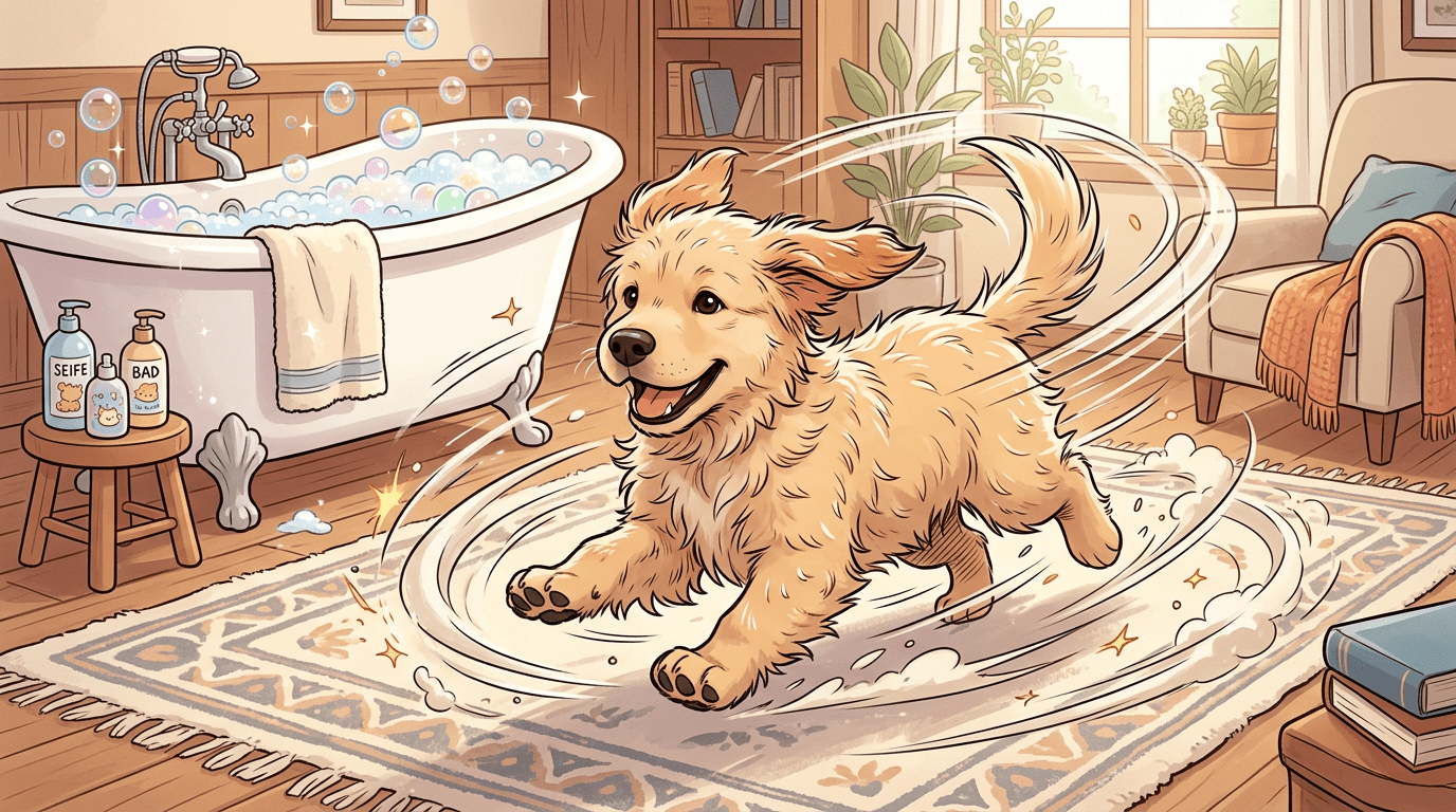 Ein fröhlicher, leicht nasser Golden Retriever flitzt mit wehendem Fell und eingezogenem Schwanz über einen bunten Teppich im Wohnzimmer.