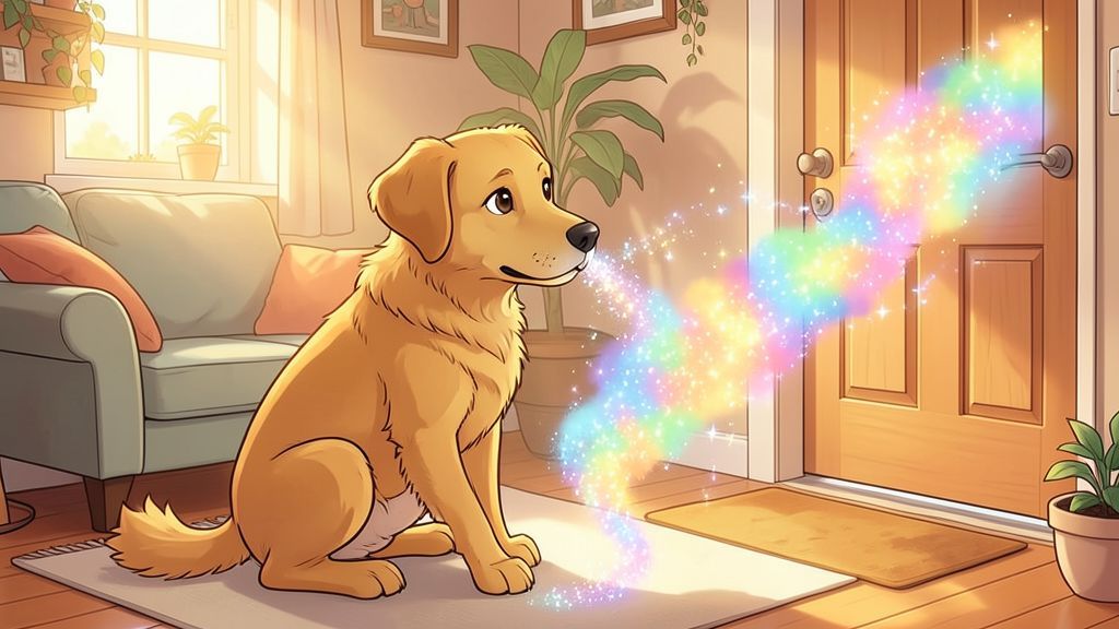 Ein freundlicher Hund im Wohnzimmer schnuppert an einer bunten, verblassenden Duftspur, die zur Tür führt.