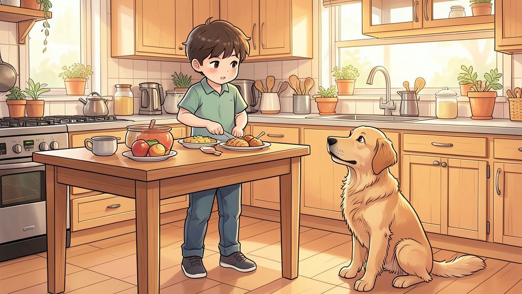 Ein Kind und ein Golden Retriever in einer gemütlichen Küche, das Kind kocht am Tisch