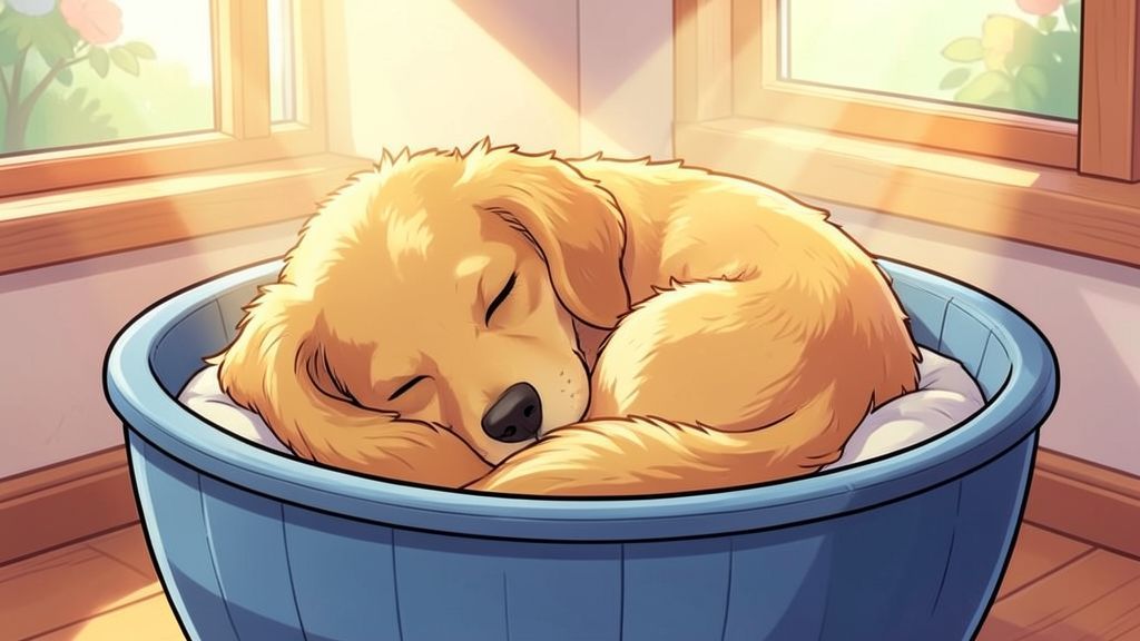 Ein flauschiger, brauner Hund schläft friedlich eingerollt wie eine feste Kugel in einem gemütlichen Körbchen.